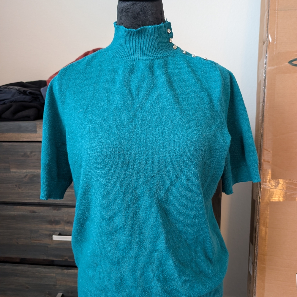 Teal Short Sleeve Sweater with Button Detail